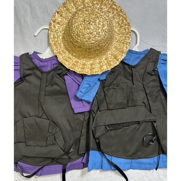 Doll Outfits 2 Ashim Dresses w Aprons & Bonnet & Straw Hat New Fits 16-18” Doll - Picture 1 of 4